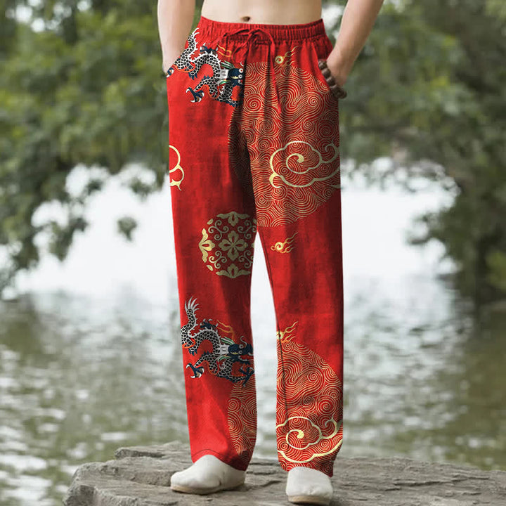 Buddha Stones Bawełniane, eleganckie, męskie spodnie zwężane z kieszeniami w kształcie chmur i smoka - Czerwony - US/UK/AU50, EU60 (5XL) - image 6