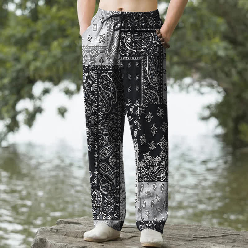 Buddha Stones Spodnie męskie zwężane z bawełny w różnorodny wzór paisley z kieszeniami - Czarny - US/UK/AU50, EU60 (5XL) - image 0