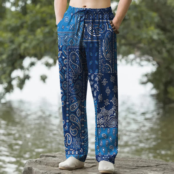 Buddha Stones Spodnie męskie zwężane z bawełny w różnorodny wzór paisley z kieszeniami - RoyalBlue - US/UK/AU50, EU60 (5XL) - image 4