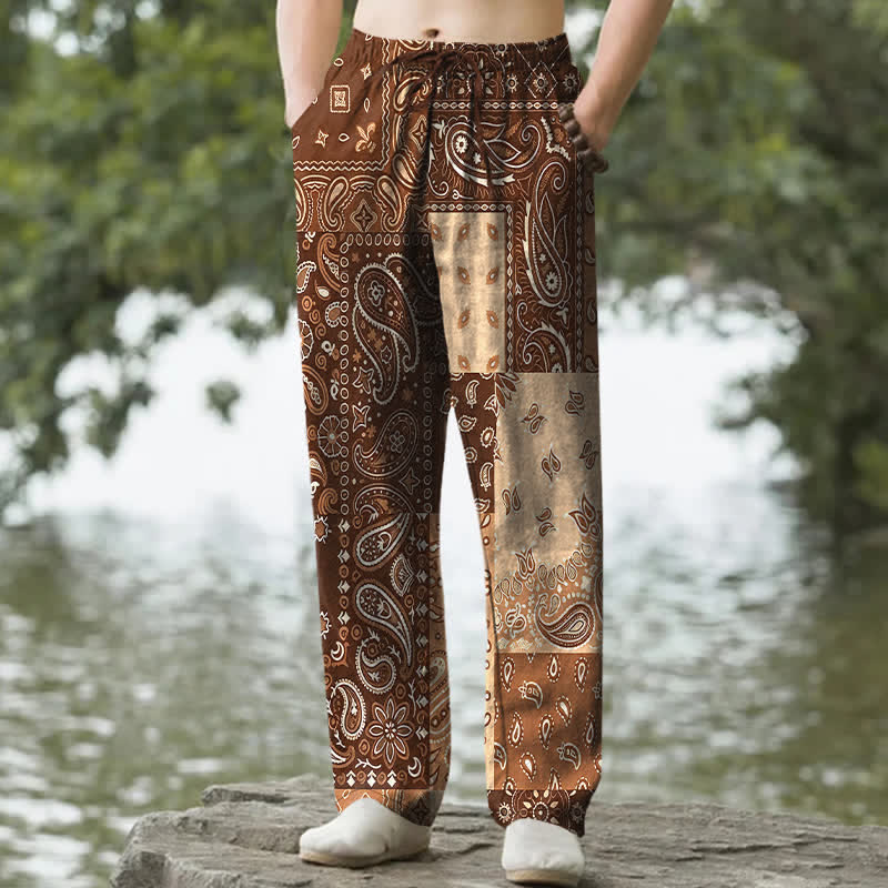 Buddha Stones Spodnie męskie zwężane z bawełny w różnorodny wzór paisley z kieszeniami - SaddleBrown - US/UK/AU50, EU60 (5XL) - image 6