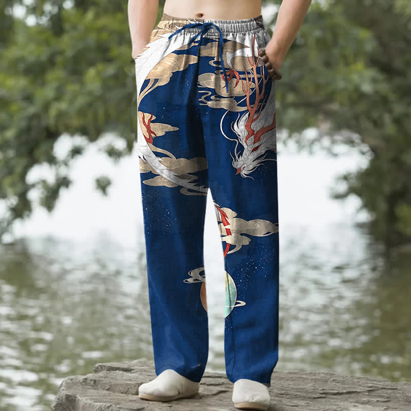 Buddha Stones Spodnie męskie zwężane z bawełny w kolorze białym z motywem chmur smoka i kieszeniami - Marynarka wojenna - US/UK/AU50, EU60 (5XL) - image 0