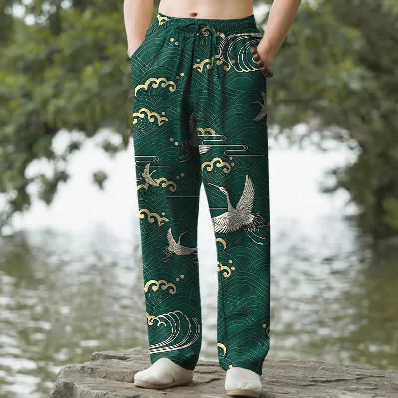 Buddha Stones Spodnie męskie zwężane z bawełny w kolorze białego żurawia ze złotym wzorem fal i kieszeniami - ForestGreen - US/UK/AU50, EU60 (5XL) - image 6