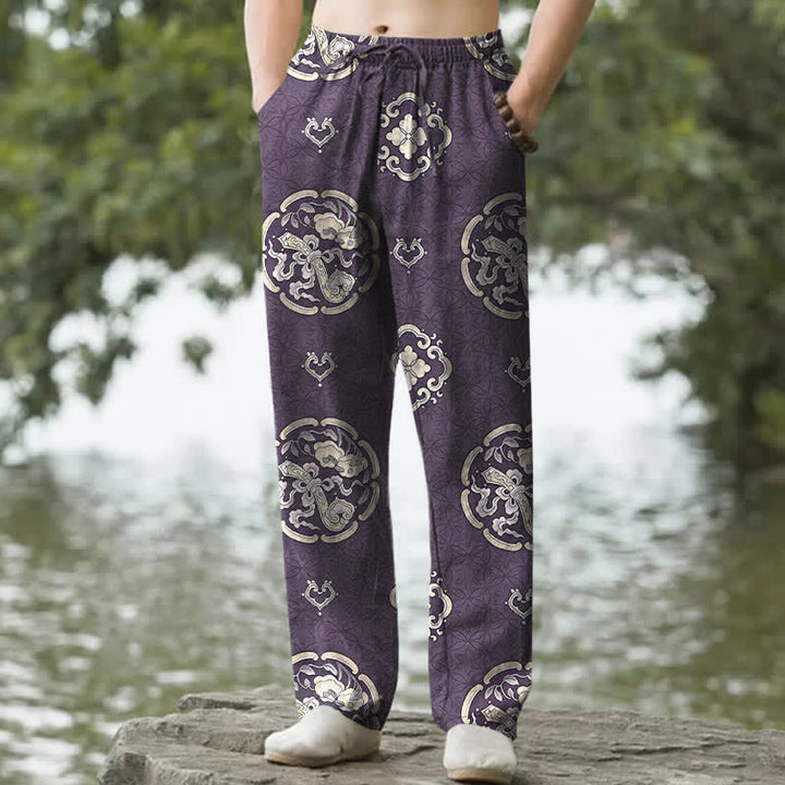 Buddha Stones Spodnie męskie zwężane z bawełny w stylu vintage z kwiatowym wzorem medalionu i kieszeniami - Fioletowy - US/UK/AU50, EU60 (5XL) - image 6