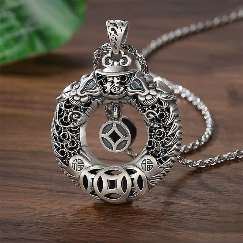 Buddha Stones Miedziany naszyjnik w stylu vintage z klamrą pokoju i rzeźbioną płaskorzeźbą przedstawiającą smoka Fu - Miedź (równowaga♥bogactwo) - image 0