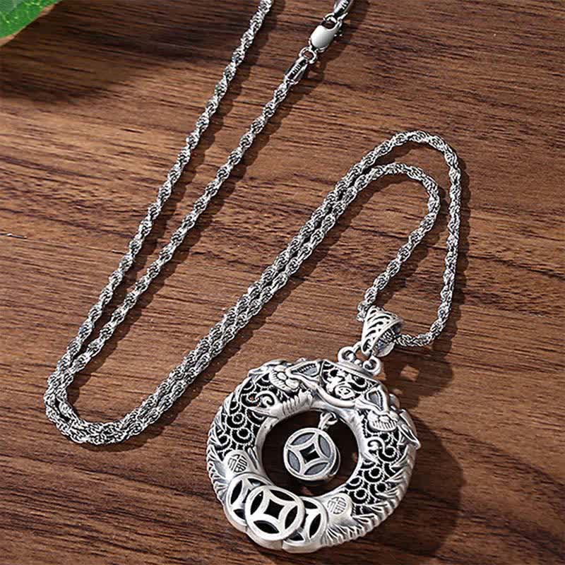 Buddha Stones Miedziany naszyjnik w stylu vintage z klamrą pokoju i rzeźbioną płaskorzeźbą przedstawiającą smoka Fu - image 2