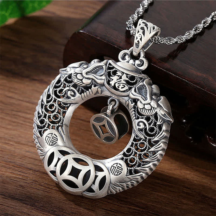 Buddha Stones Miedziany naszyjnik w stylu vintage z klamrą pokoju i rzeźbioną płaskorzeźbą przedstawiającą smoka Fu - image 1