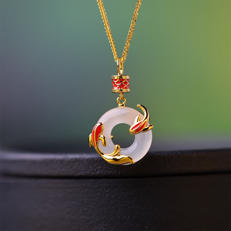 Buddha Stones Naszyjnik z okrągłą klamrą w kształcie ryby Koi z białego chalcedonu i motywem ryby Koi Success Peace - Biały chalcedon (harmonia♥pozytywna) - image 0