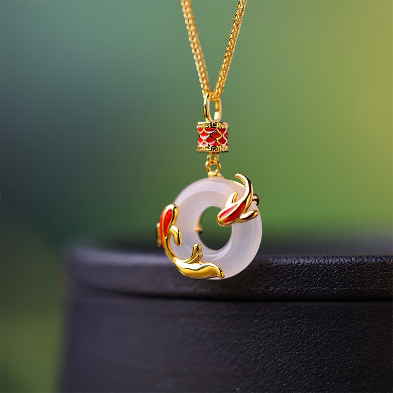 Buddha Stones Naszyjnik z okrągłą klamrą w kształcie ryby Koi z białego chalcedonu i motywem ryby Koi Success Peace - image 1