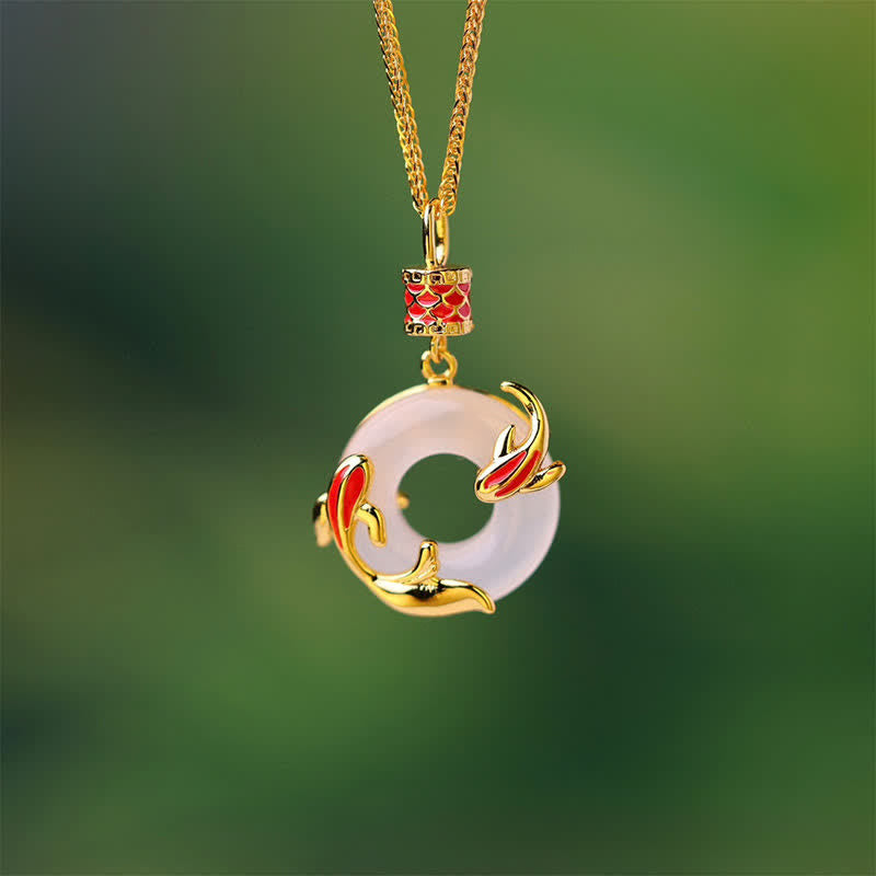 Buddha Stones Naszyjnik z okrągłą klamrą w kształcie ryby Koi z białego chalcedonu i motywem ryby Koi Success Peace - image 3