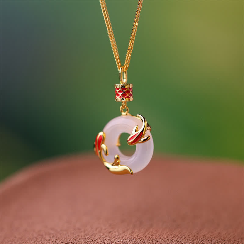Buddha Stones Naszyjnik z okrągłą klamrą w kształcie ryby Koi z białego chalcedonu i motywem ryby Koi Success Peace - image 4