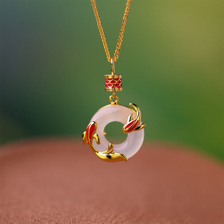 Buddha Stones Naszyjnik z okrągłą klamrą w kształcie ryby Koi z białego chalcedonu i motywem ryby Koi Success Peace - image 8
