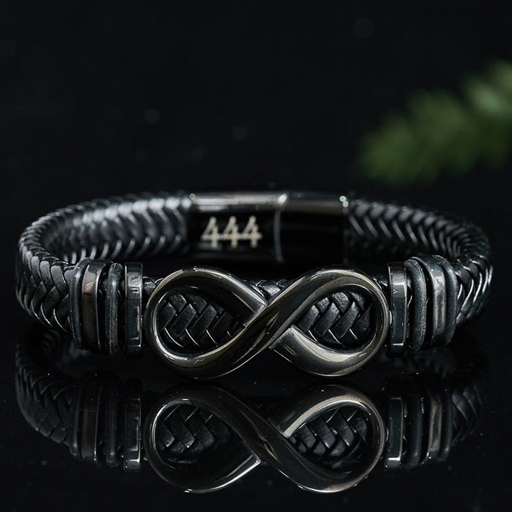Buddha Stones Bransoletka ze stali tytanowej ze wzmocnieniem skórzanym Infinity Design 444 z numerem anioła 888 i numerem anioła - Numer anioła 444 (obwód nadgarstka 16-18 cm) - image 0