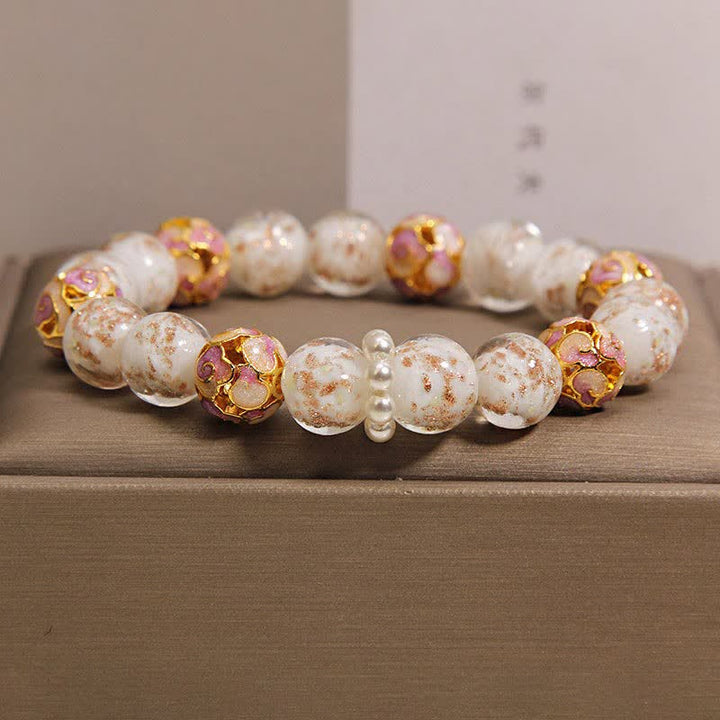 Buddha Stones Bransoletka Liuli Glass Bead Gold Leaf Cloisonné Purity New Chinese Round - Biały - Szkło (Przejrzystość♥Skupienie) - image 2