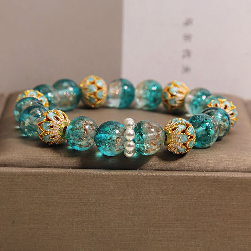 Buddha Stones Bransoletka Liuli Glass Bead Gold Leaf Cloisonné Purity New Chinese Round - Niebieski - Szkło (Przejrzystość♥Skupienie) - image 4