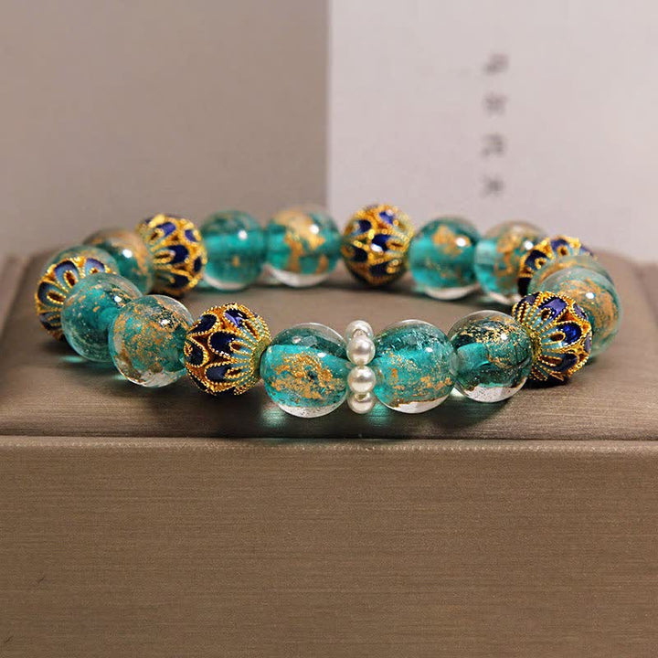 Buddha Stones Bransoletka Liuli Glass Bead Gold Leaf Cloisonné Purity New Chinese Round - Pawioniebieski - Szkło (Przejrzystość♥Skupienie) - image 0