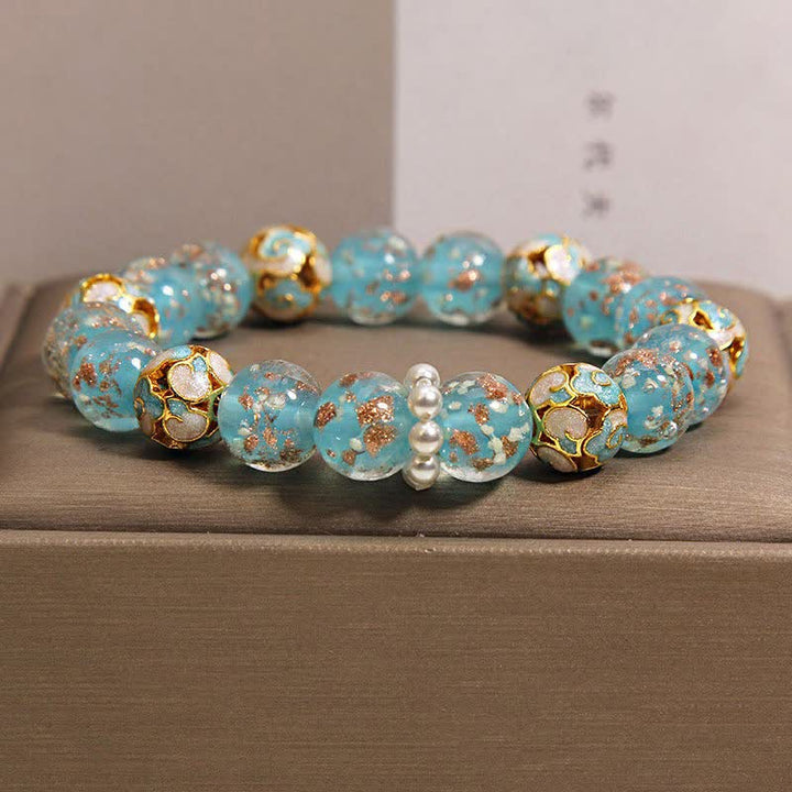 Buddha Stones Bransoletka Liuli Glass Bead Gold Leaf Cloisonné Purity New Chinese Round - Jezioro Błękitne - Szkło (Przejrzystość♥Skupienie) - image 3