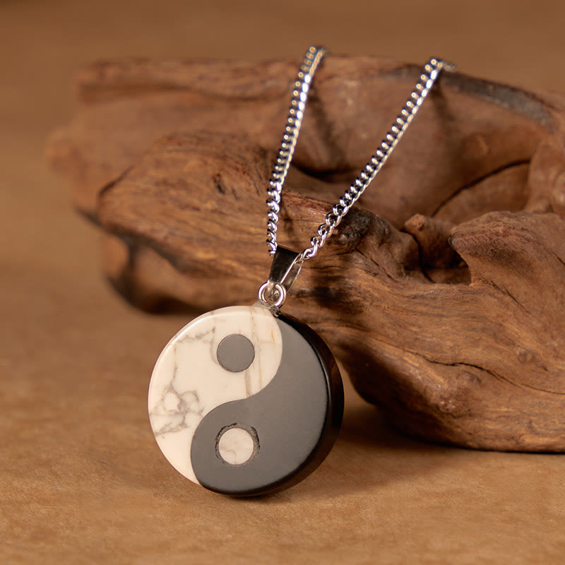 Buddha Stones Naszyjnik z naturalnego czarnego obsydianu i białego turkusu w stylu Yin Yang Tai Chi - image 1