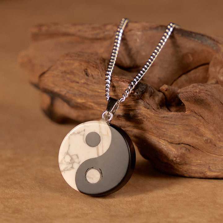 Buddha Stones Naszyjnik z naturalnego czarnego obsydianu i białego turkusu w stylu Yin Yang Tai Chi - image 1