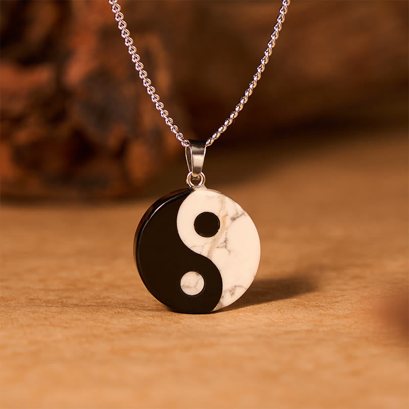 Buddha Stones Naszyjnik z naturalnego czarnego obsydianu i białego turkusu w stylu Yin Yang Tai Chi - image 2