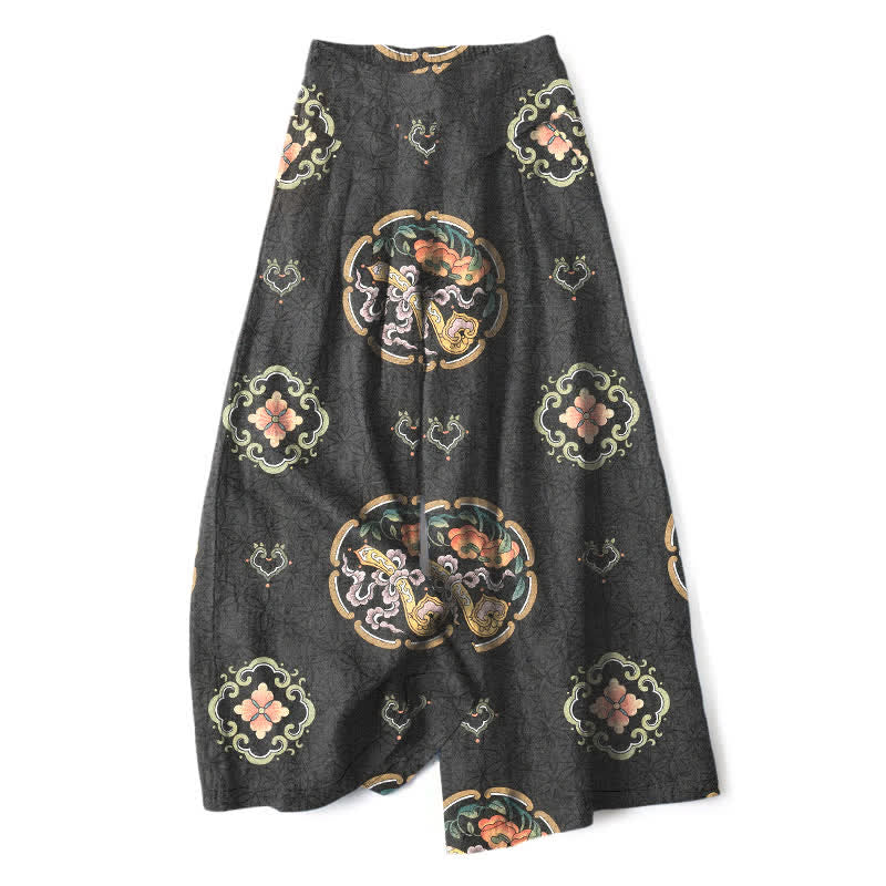 Buddha Stones Spodnie damskie z szerokimi nogawkami i elastyczną talią i kieszeniami, z bawełny i lnu w stylu boho, z medalionem - Czarny - US16, UK/AU20, EU48 (3XL) - image 0