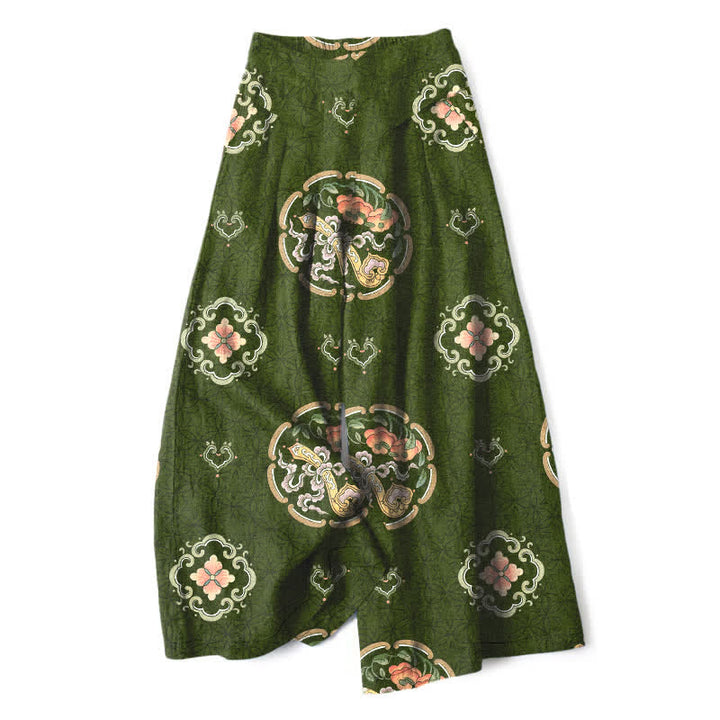 Buddha Stones Spodnie damskie z szerokimi nogawkami i elastyczną talią i kieszeniami, z bawełny i lnu w stylu boho, z medalionem - DarkOliveGreen - US16, UK/AU20, EU48 (3XL) - image 8