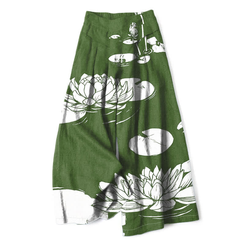 Buddha Stones Spodnie damskie z szerokimi nogawkami i elastyczną talią, wzorem liści lotosu, z bawełny i lnu, z kieszeniami - ForestGreen - US16, UK/AU20, EU48 (3XL) - image 0