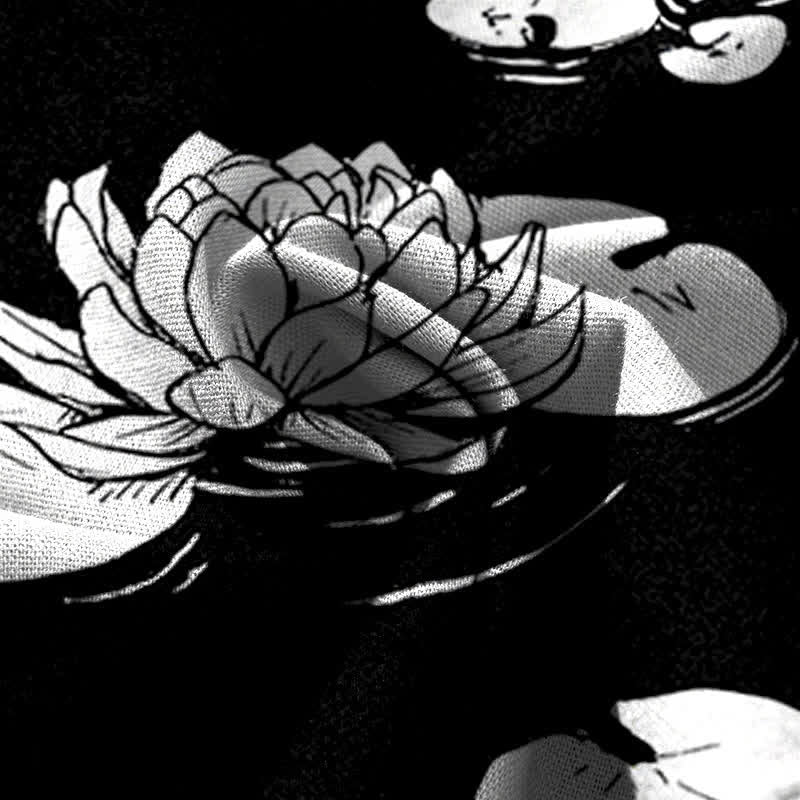 Buddha Stones Spodnie damskie z szerokimi nogawkami i elastyczną talią, wzorem liści lotosu, z bawełny i lnu, z kieszeniami - image 7