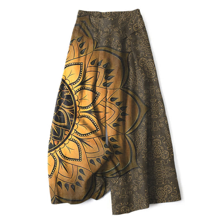 Buddha Stones Spodnie damskie z szerokimi nogawkami i elastyczną talią i kieszeniami, z bawełny i lnu, wzór mandali - Oliwka - US16, UK/AU20, EU48 (3XL) - image 10