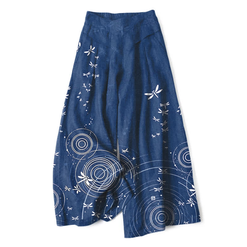 Buddha Stones Spodnie damskie z szerokimi nogawkami i elastyczną talią, z motywem ważki i kieszeniami, z bawełny i lnu - Marynarka wojenna - US16, UK/AU20, EU48 (3XL) - image 0