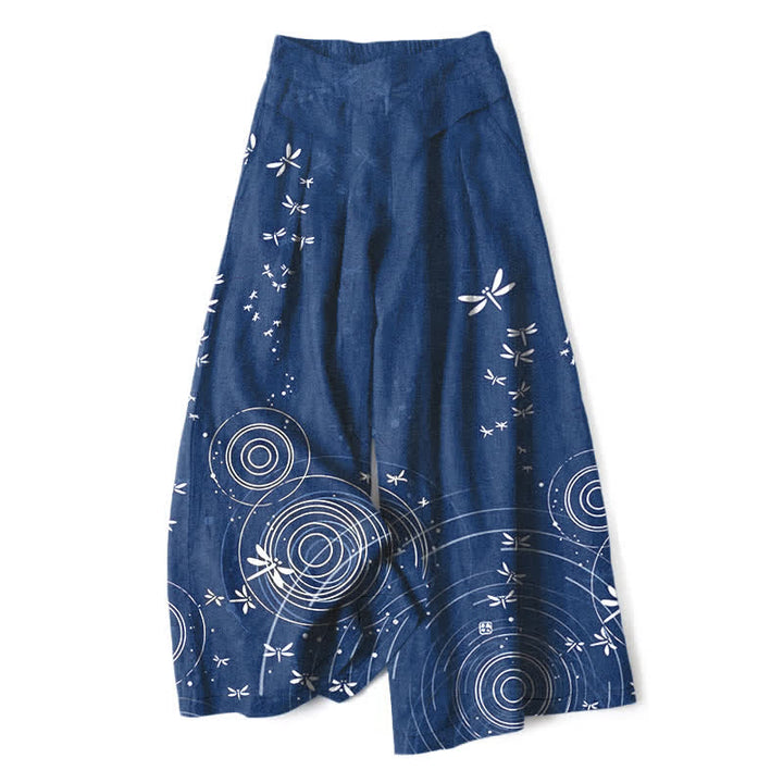 Buddha Stones Spodnie damskie z szerokimi nogawkami i elastyczną talią, z motywem ważki i kieszeniami, z bawełny i lnu - Marynarka wojenna - US16, UK/AU20, EU48 (3XL) - image 0