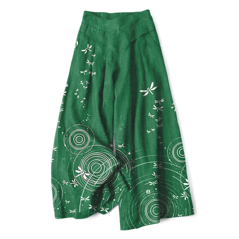 Buddha Stones Spodnie damskie z szerokimi nogawkami i elastyczną talią, z motywem ważki i kieszeniami, z bawełny i lnu - ForestGreen - US16, UK/AU20, EU48 (3XL) - image 4