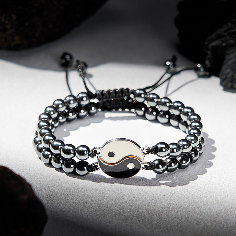 Buddha Stones Bransoletka wspierająca z hematytu yin yang z mrożonego kamienia lawowego - Hematyt (obwód nadgarstka: 17-27 cm) - image 0