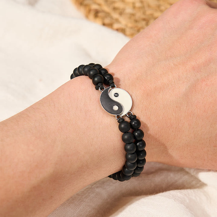 Buddha Stones Bransoletka wspierająca z hematytu yin yang z mrożonego kamienia lawowego - image 9