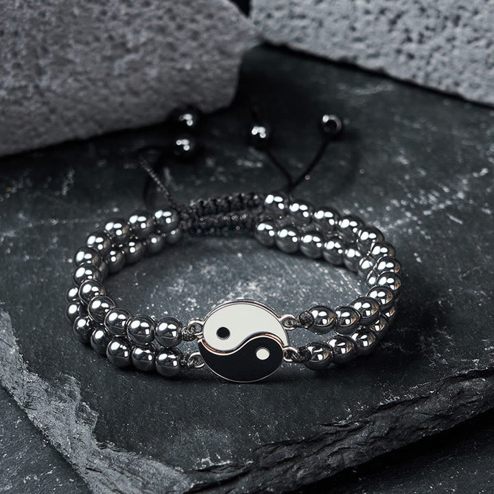 Buddha Stones Bransoletka wspierająca z hematytu yin yang z mrożonego kamienia lawowego - image 1