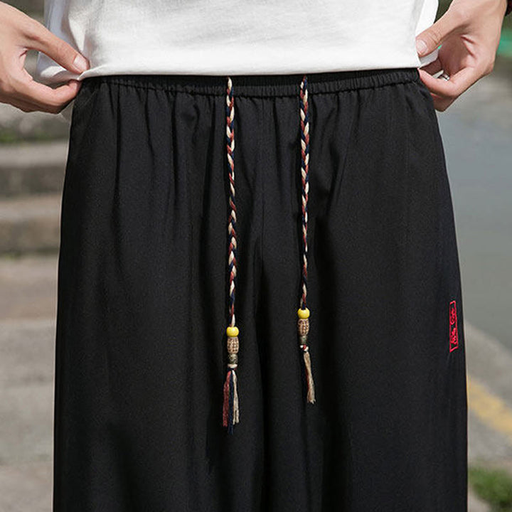 Buddha Stones Letnie, swobodne spodnie haremowe męskie ze ściągaczem i haftem w chińskim stylu, z kieszeniami - image 9