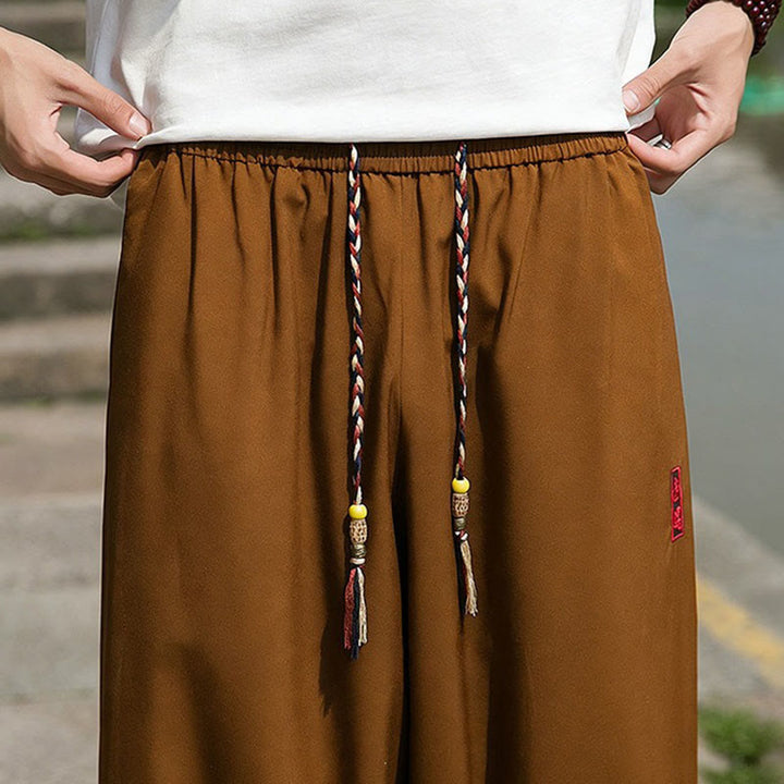 Buddha Stones Letnie, swobodne spodnie haremowe męskie ze ściągaczem i haftem w chińskim stylu, z kieszeniami - image 15