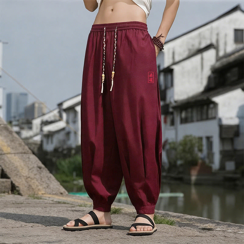 Buddha Stones Letnie, swobodne spodnie haremowe męskie ze ściągaczem i haftem w chińskim stylu, z kieszeniami - Kasztanowaty - US/UK/AU46， EU56 (5XL) - image 19