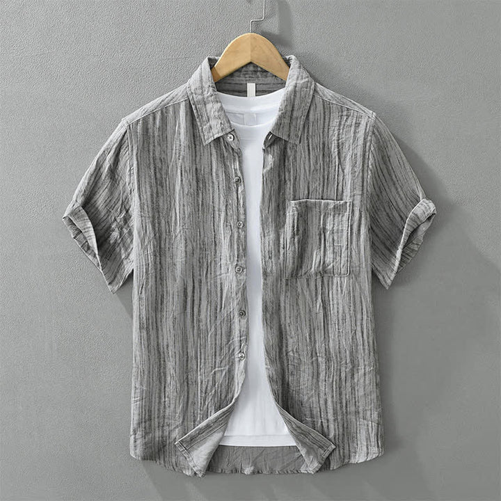 Buddha Stones Letnia, swobodna, minimalistyczna, męska koszula w paski z krótkim rękawem i ozdobną kieszenią, zapinana na guziki - Srebrny - US/UK/AU42， EU52 (3XL) - image 0
