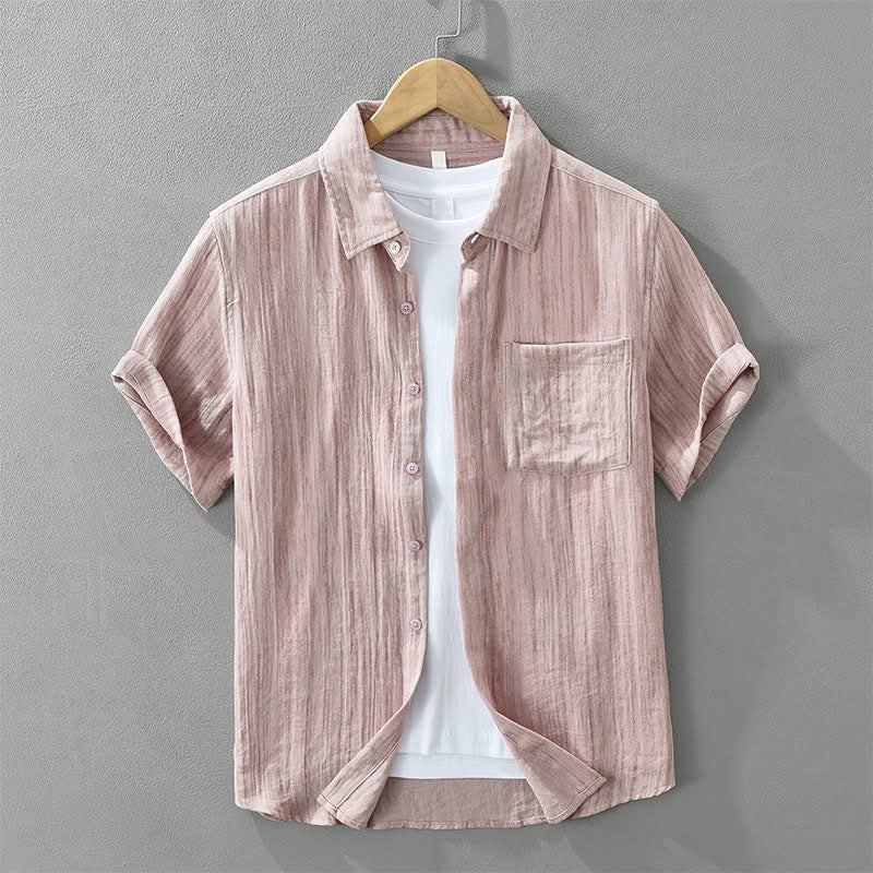 Buddha Stones Letnia, swobodna, minimalistyczna, męska koszula w paski z krótkim rękawem i ozdobną kieszenią, zapinana na guziki - RosyBrown - US/UK/AU42， EU52 (3XL) - image 13