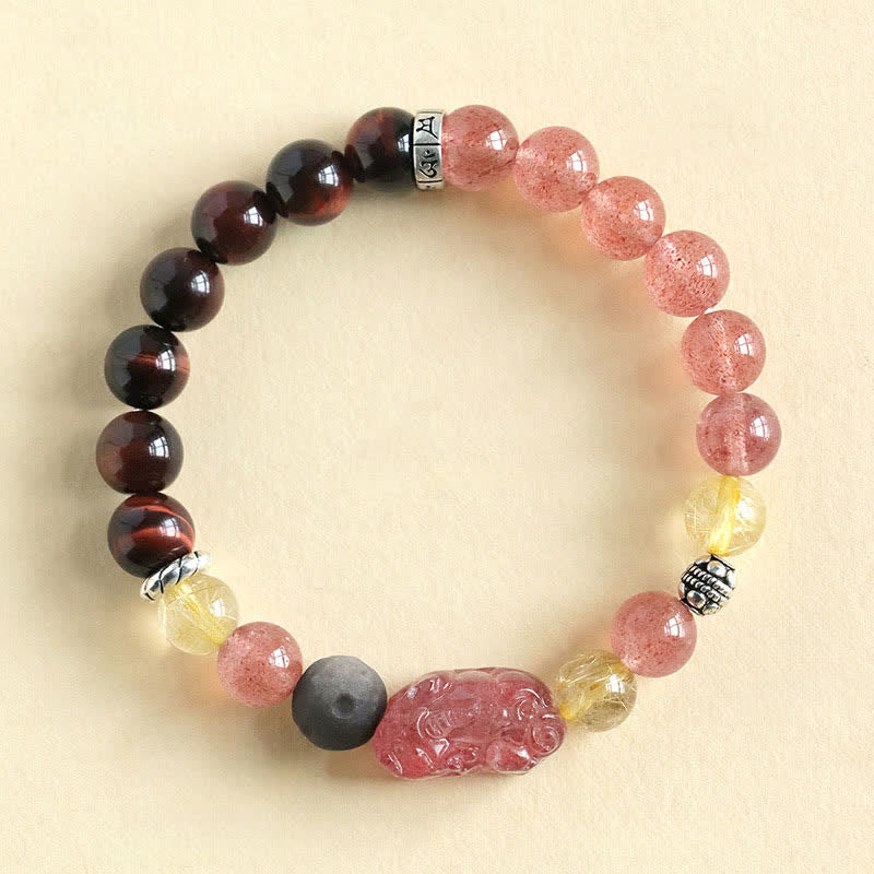 Buddha Stones Bransoletka z kwarcu truskawkowego i obsydianu PiXiu Love, ręcznie rzeźbiona dla par - Kwarc truskawkowy (miłość ♥ uzdrawianie) - image 1