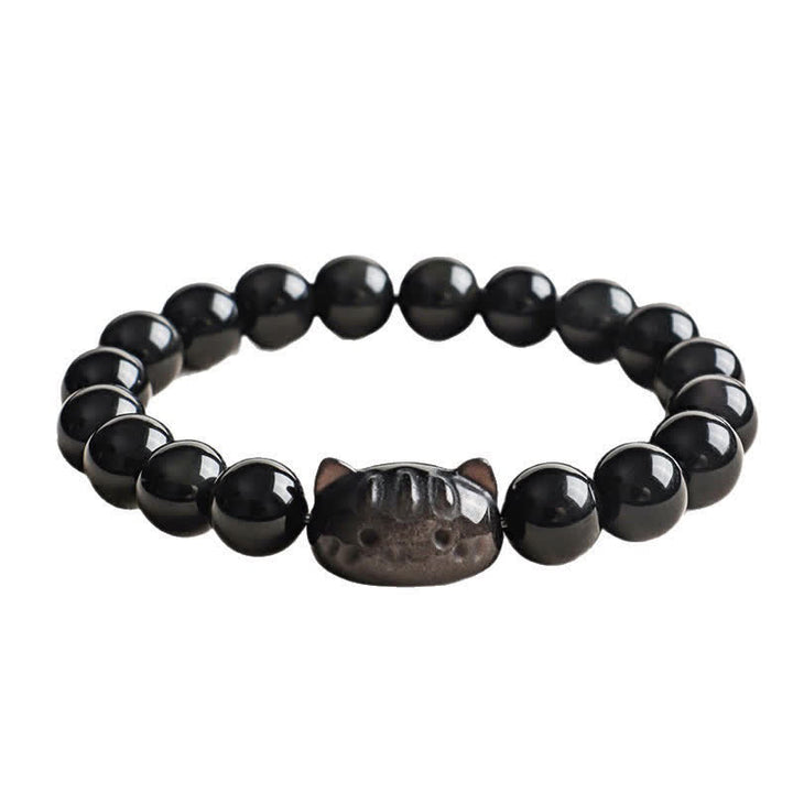 Buddha Stones Srebrny połysk obsydianu, ręcznie rzeźbiony wisiorek z kotem, bransoletka uspokajająca, ręcznie robiona - image 12