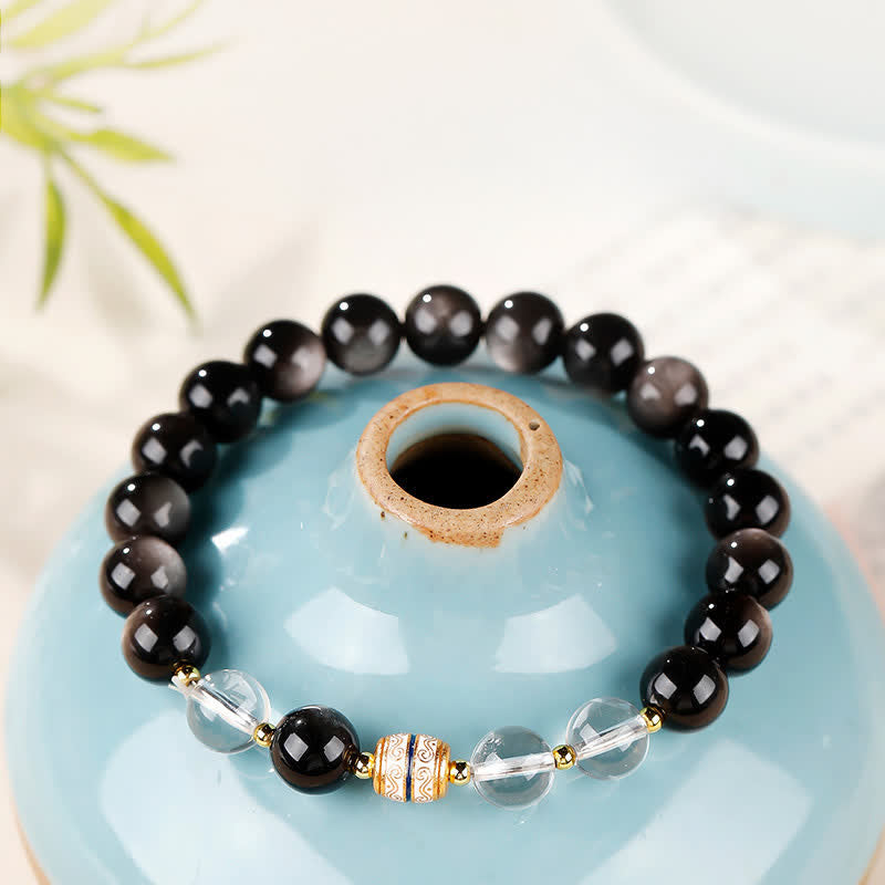 Buddha Stones Bransoletka ochronna z okrągłymi koralikami obsydianu Dzi w srebrnym połysku - Obsydian o srebrnym połysku (ochrona ♥ łagodzenie) - 8 mm (obwód nadgarstka 16–17 cm) - image 0