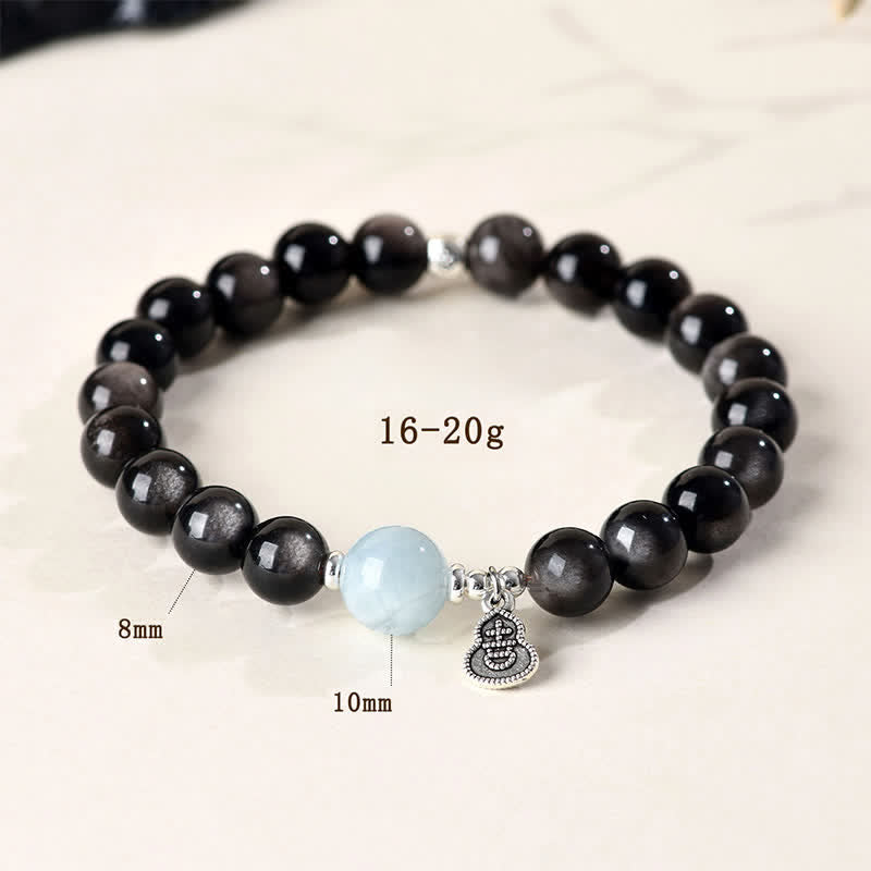 Buddha Stones Srebrna, lśniąca, okrągła bransoletka z obsydianu i akwamarynu, uziemiająca, szczęśliwa tykwa - image 4