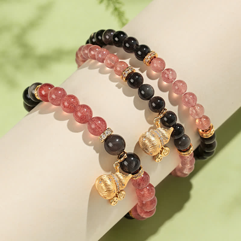 Buddha Stones Bransoletka z kryształkami i złotym drutem z tykwy w kolorze truskawkowym i napisem Love Blessing - image 3