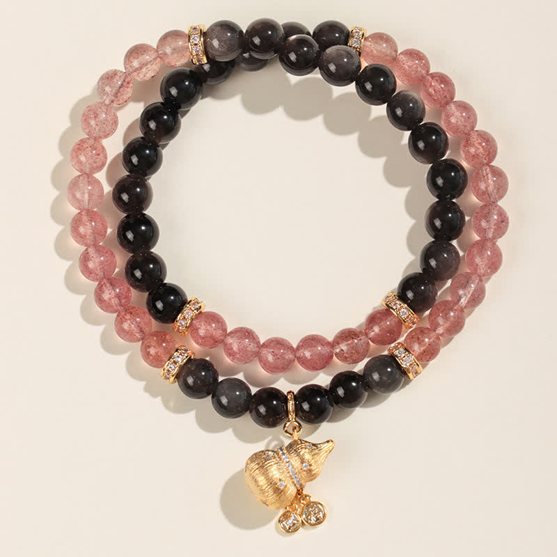 Buddha Stones Bransoletka z kryształkami i złotym drutem z tykwy w kolorze truskawkowym i napisem Love Blessing - Bransoletka z podwójnym owinięciem - Kwarc truskawkowy (Miłość ♥ Uzdrawianie) - image 1