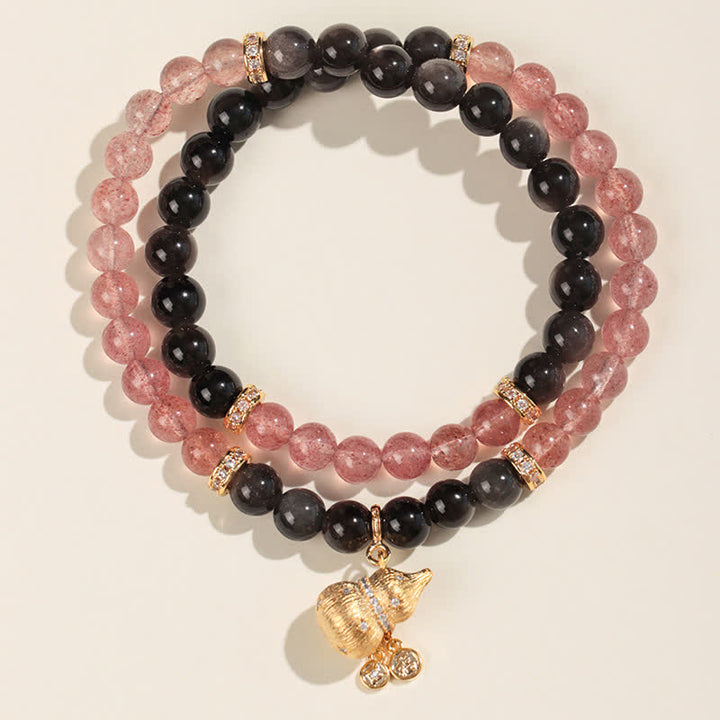 Buddha Stones Bransoletka z kryształkami i złotym drutem z tykwy w kolorze truskawkowym i napisem Love Blessing - Bransoletka z podwójnym owinięciem - Kwarc truskawkowy (Miłość ♥ Uzdrawianie) - image 1
