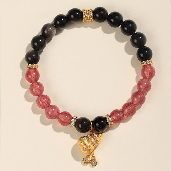 Buddha Stones Bransoletka z kryształkami i złotym drutem z tykwy w kolorze truskawkowym i napisem Love Blessing - Bransoletka z pojedynczym owinięciem - Kwarc truskawkowy (Miłość ♥ Uzdrawianie) - image 0