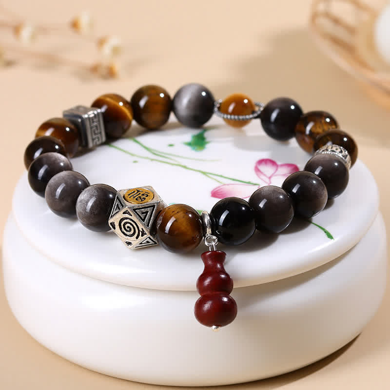 Buddha Stones Bransoletka z tykwy z obsydianu o srebrnym połysku i uziemieniu Fu - image 3