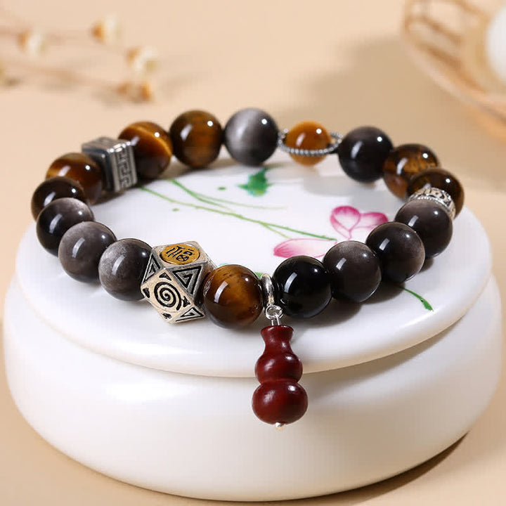 Buddha Stones Bransoletka z tykwy z obsydianu o srebrnym połysku i uziemieniu Fu - image 3