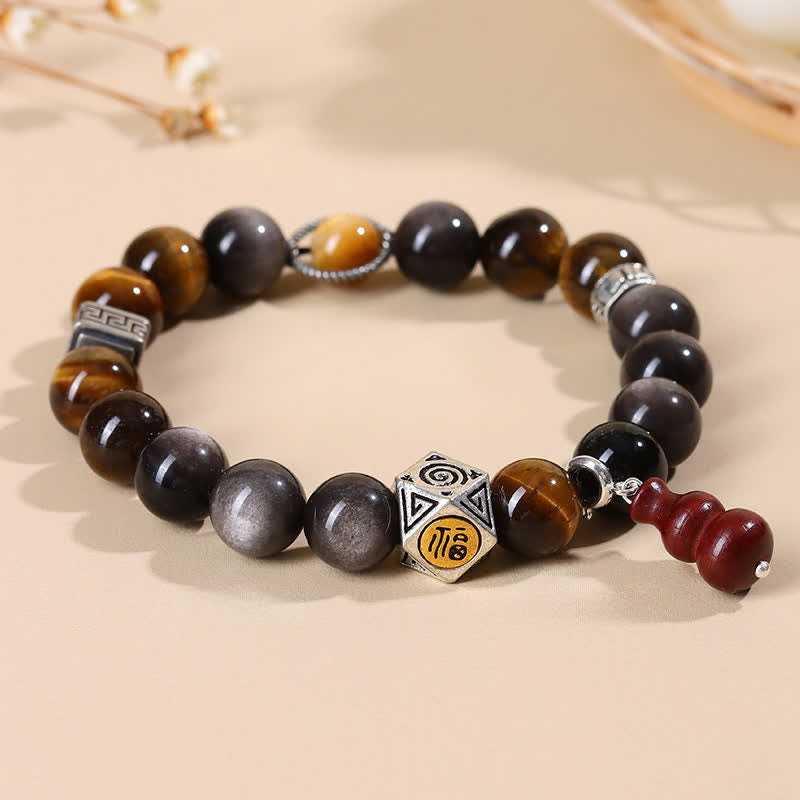 Buddha Stones Bransoletka z tykwy z obsydianu o srebrnym połysku i uziemieniu Fu - image 1